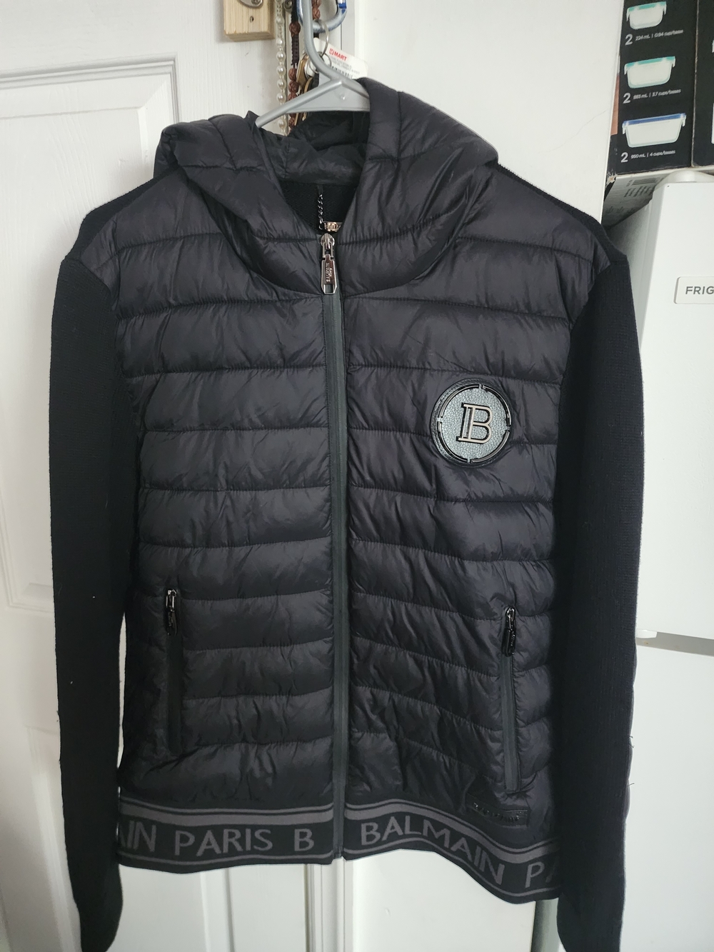 Balmain Black Quilted Hooded Jacket with Knit Sleeves